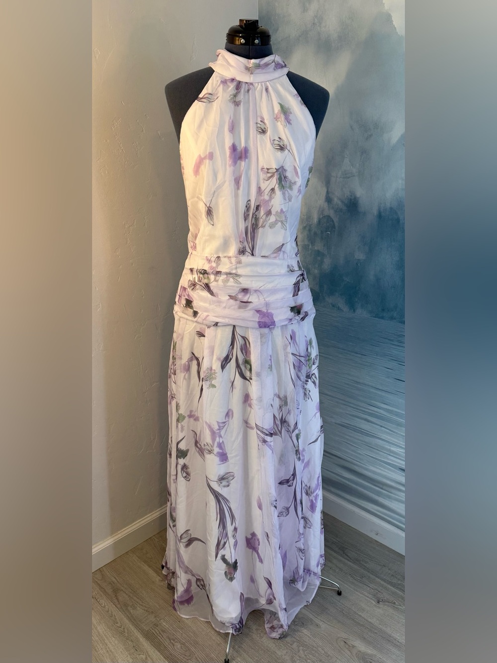 Sleeveless White Maxi Dress with Lavender Floral Print #388